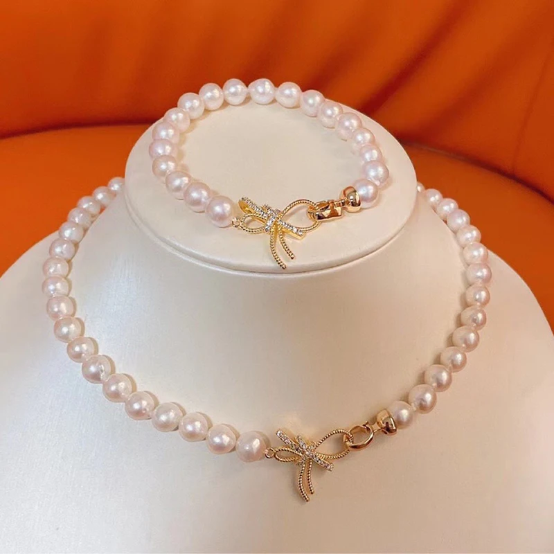 

one set AA freshwater pearl white round 7-8mm necklace +bowknot HOOK nature wholesale FPPJ