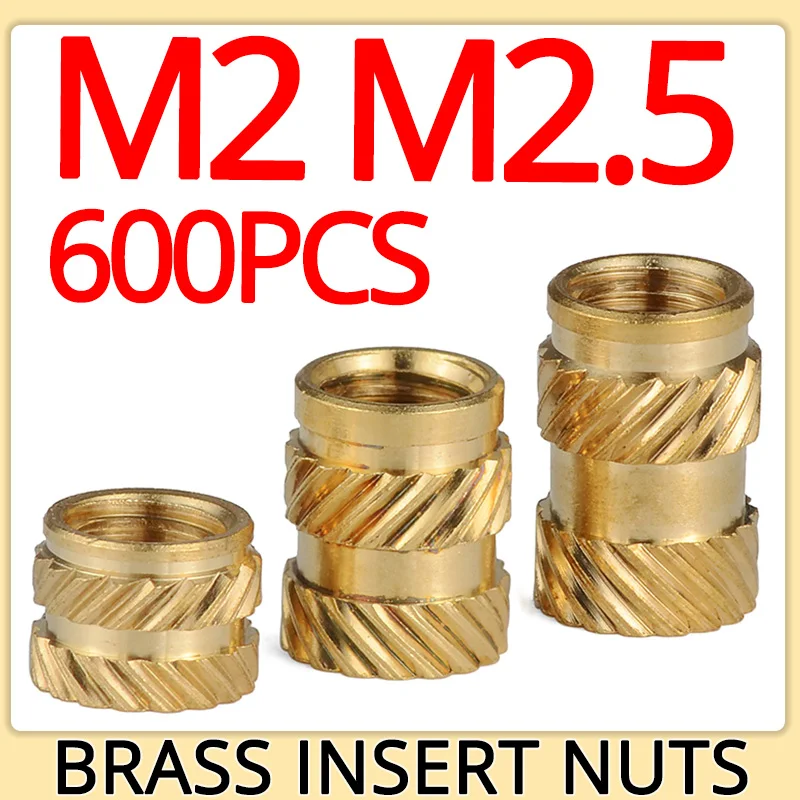 600pcs M2 M2.5 Brass Insert Nut Heat Copper Nuts Hot Melt Knurled Double Twill Thread Embedment for Plastic Injection Molding