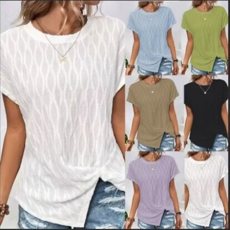

Women's Summer Tops Casual Fashion Short Sleeve T-Shirt Female Solid Color Round Neck Oversized Split Shirts