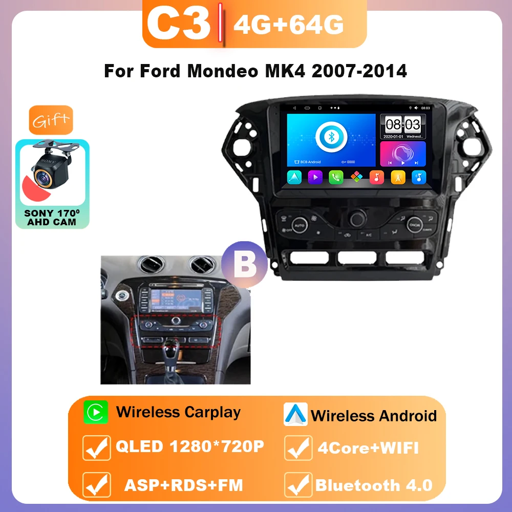 

9 "Android 14 для Ford Mondeo MK4 2007-2013 Автомобильный радиоприемник с навигацией GPS Мультимедиа AHD DSP 4G WIFI QLED Стерео Carplay Головное устройство