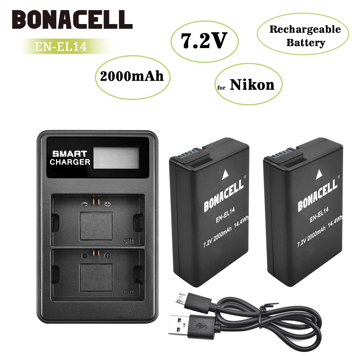 

7.2V 2000MAH Li-Ion EN-EL14 Перезаряжаемые батареи для Nikon D3300 D3100 P7100 D5500 D5300 D3500 D3200 D5600 P7700 L50