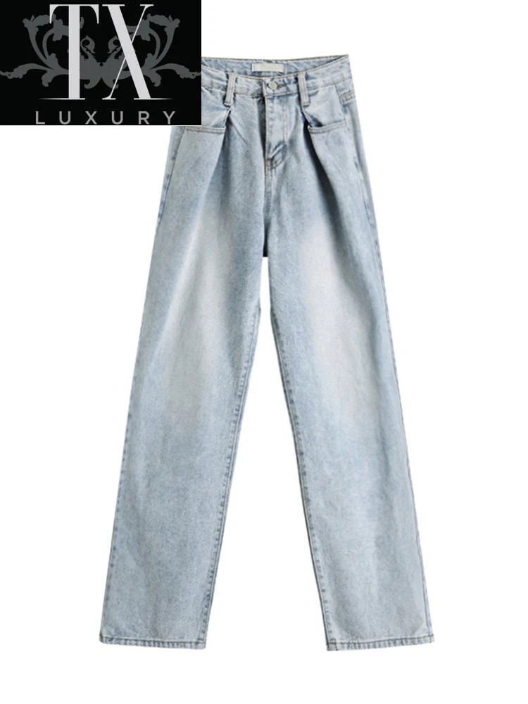

Women's Blue Denim Pants Summer New Streetwear Baggy Retro Y2K Wide Leg Wrinkled Deisgn High Waist Washed BF Jeans Trousers