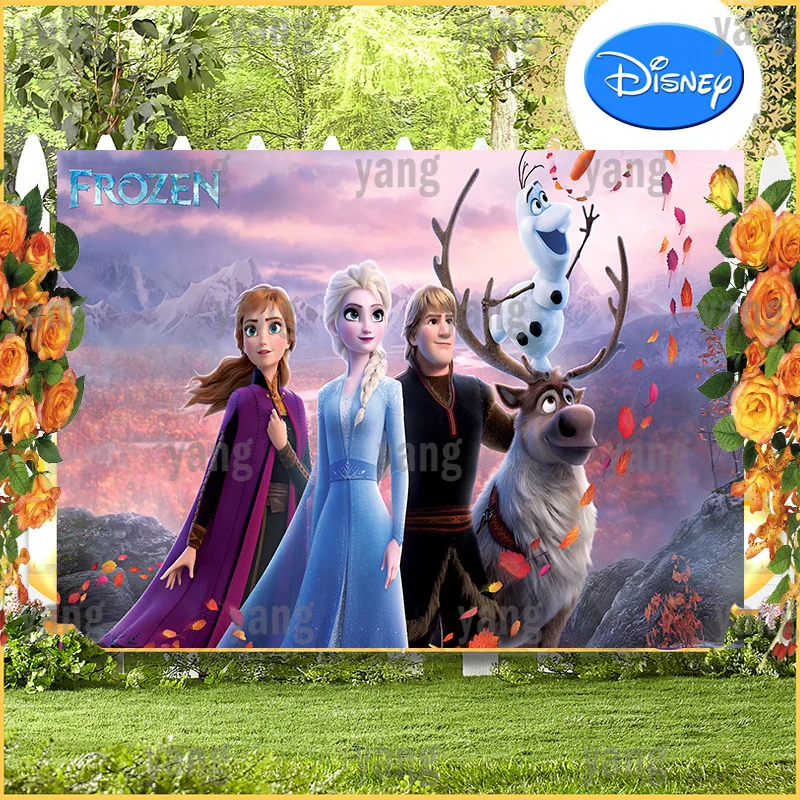 

Custom Disney Cartoon Frozen Princess Elsa Anna Sven Olaf Red Leaves Birthday Party Colorful Backdrop Photography Background