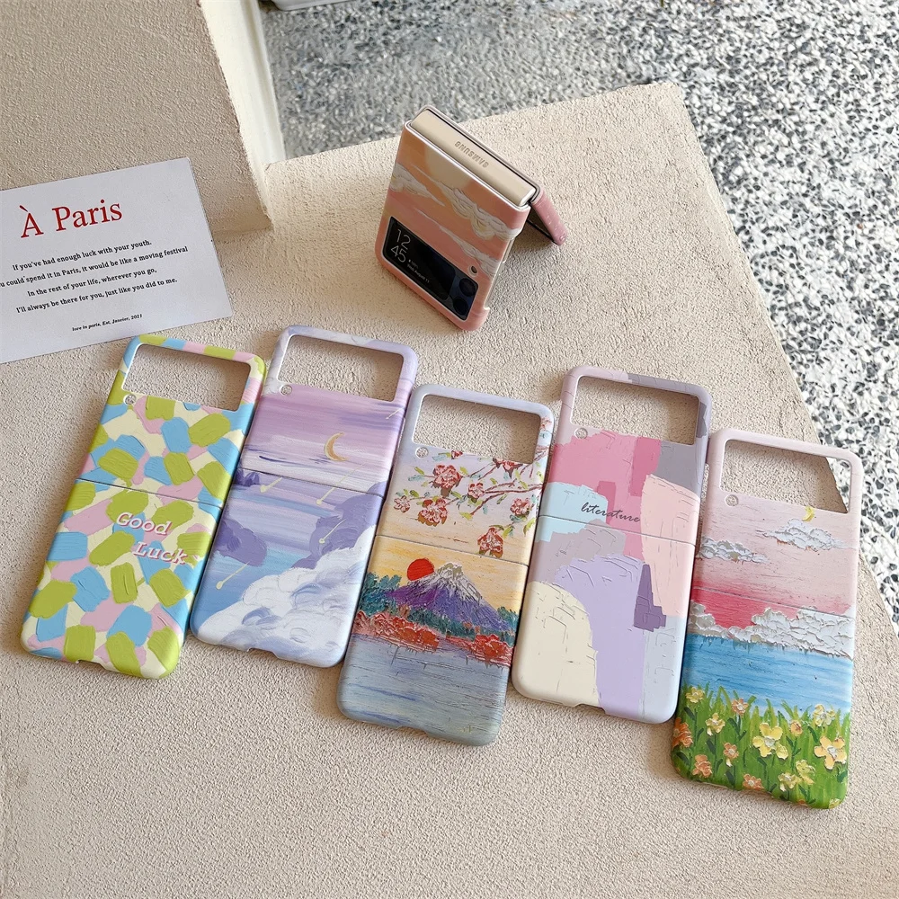 

USLION INS Sunset Moon Phone Cover For Samsung Galazy Z Flip 4 Flip3 Hard PC Oil Painting Fold Case For Samsung Z Flip 3 Flip4