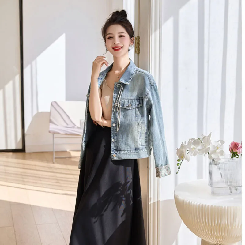 Новая джинсовая куртка с китайской вышивкой женская верхняя одежда весна 2024