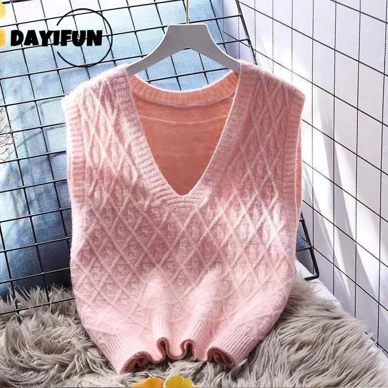 

Розовый вязаный жилет DAYIFUN, женские короткие свободные свитера, жилет, новинка 2022, весна-осень, простые пуловеры без рукавов, женская верхняя одежда