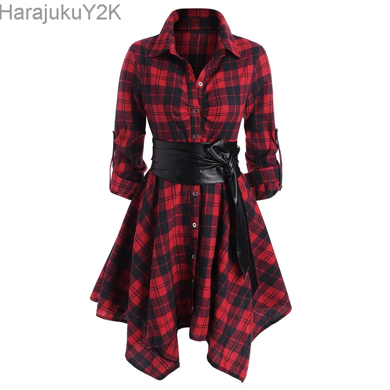 

Women Plaid T-shirt Front Pockets Buttons Up Dress Shirts Long Sleeve Zipper Tops With Belt
