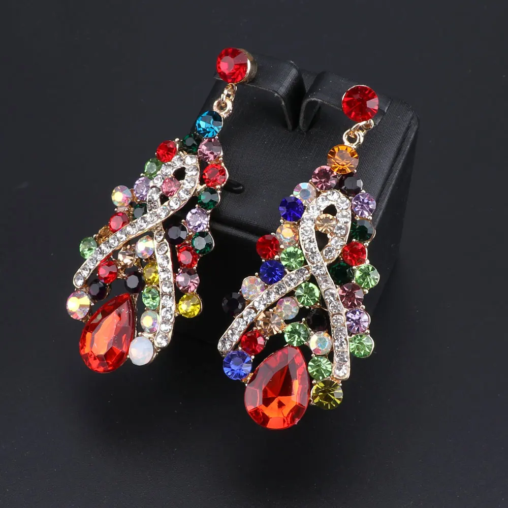 Luxury Full Rhinestones Crystal Necklace and Earrings Statement African Bridal Jewelry Sets with Gift Boxes | Украшения и