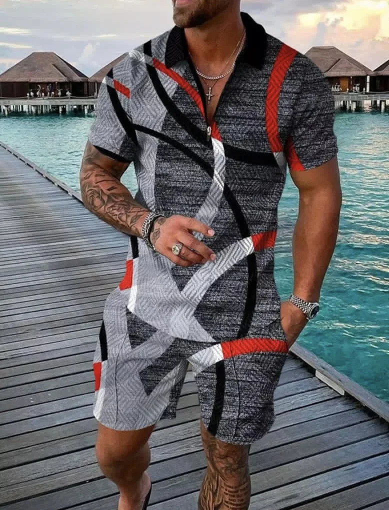 Men's Suit Summer New 3D Printing Digital Printing Casual Color Contrast POLO Zipper Lapel Shirt Short Sleeve Suit