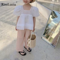 rinilucia short sleeve summer girls t shirts cotton tulle bow square collar tops for baby girls clothes a line blouse toddler