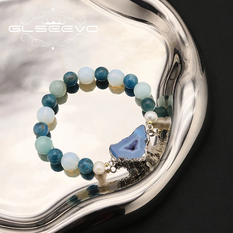 

GLSEEVO Sea Blue Crystal Natural Pearls Women's Bracelets Romantic Charm Retro Bohemia Fashion Jewelry Party Girlfriend Gifts