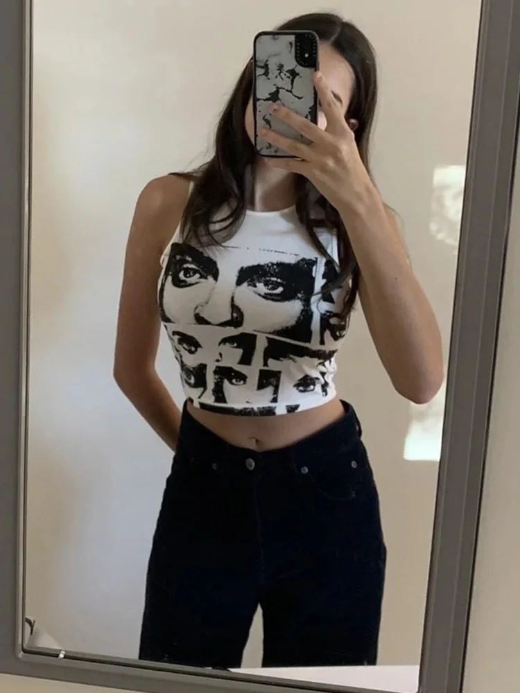 High Street Style Y2K Figure Graphic Crop Top Women Summer Clothes Korean Fashion Sleeveless Tank Top Tee Shirt Streetwear 2022