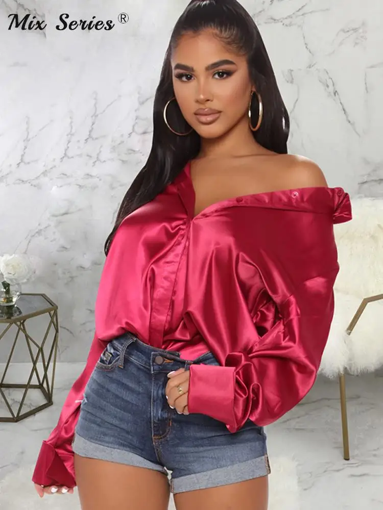 

Рубашка Женская атласная с воротником на пуговицах, элегантная однотонная свободная шикарная офисная блузка с лацканами, весна-лето 2022