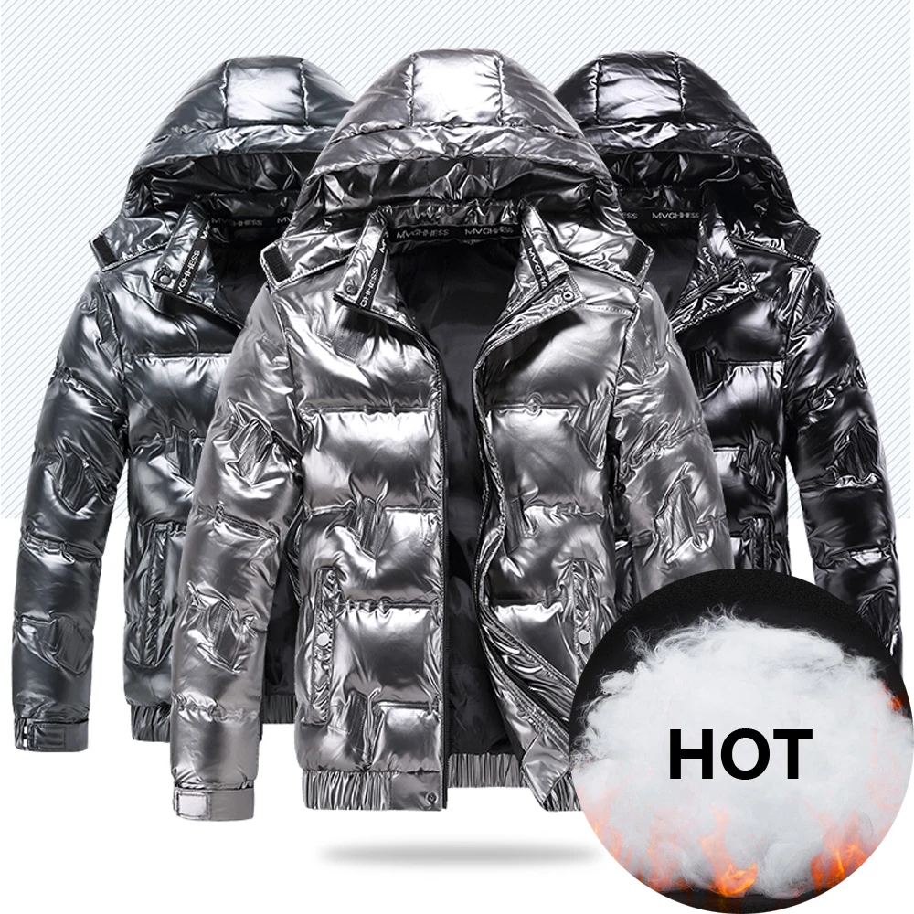 

New Bright Leather Winter Men's Jacket Casual Parka Outwear Waterproof Puffer Padding Warm Stand With Hood Outwearing Coat