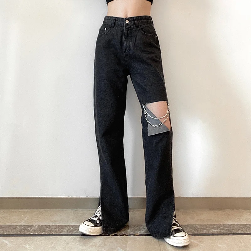 

Women's Straight Jeans Spring Summer Autumn 2021 High Waist Ripped Pants Loose Full-Length Black Gray Thin Denim Trousers New