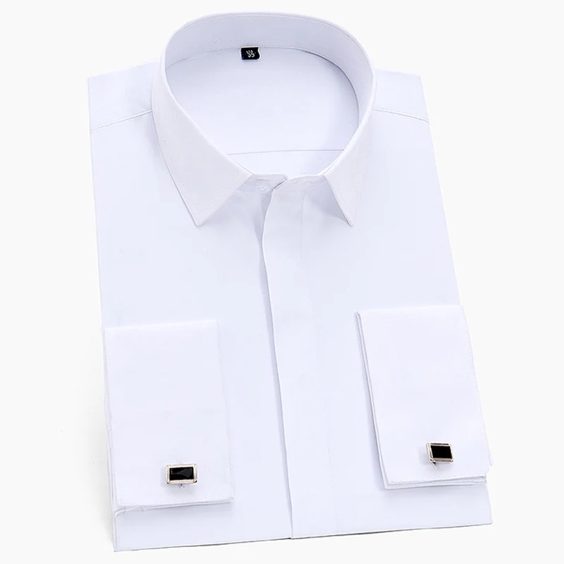 

France Cufflinks Men Tuxedo Business Social Shirts Long Sleeve Covered Button Plain Solid Mens Dress Shirt White Light Blue Pink