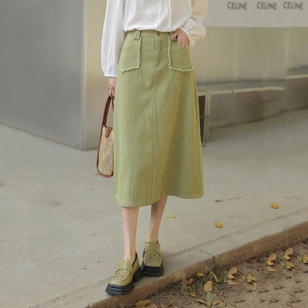 

Green denim skirt women's 2022 spring new mid-length high waist A-line denim skirt jean skirt korean fashion