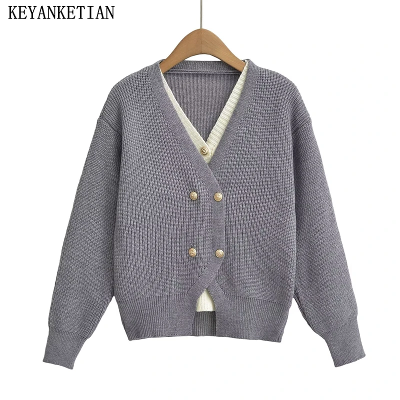 KEYANKETIAN 2024 Autumn/Winter New Women's Fake Two Patchwork Sweaters Leisure style Buttons Decoration V-Neck Pullover Knit Top