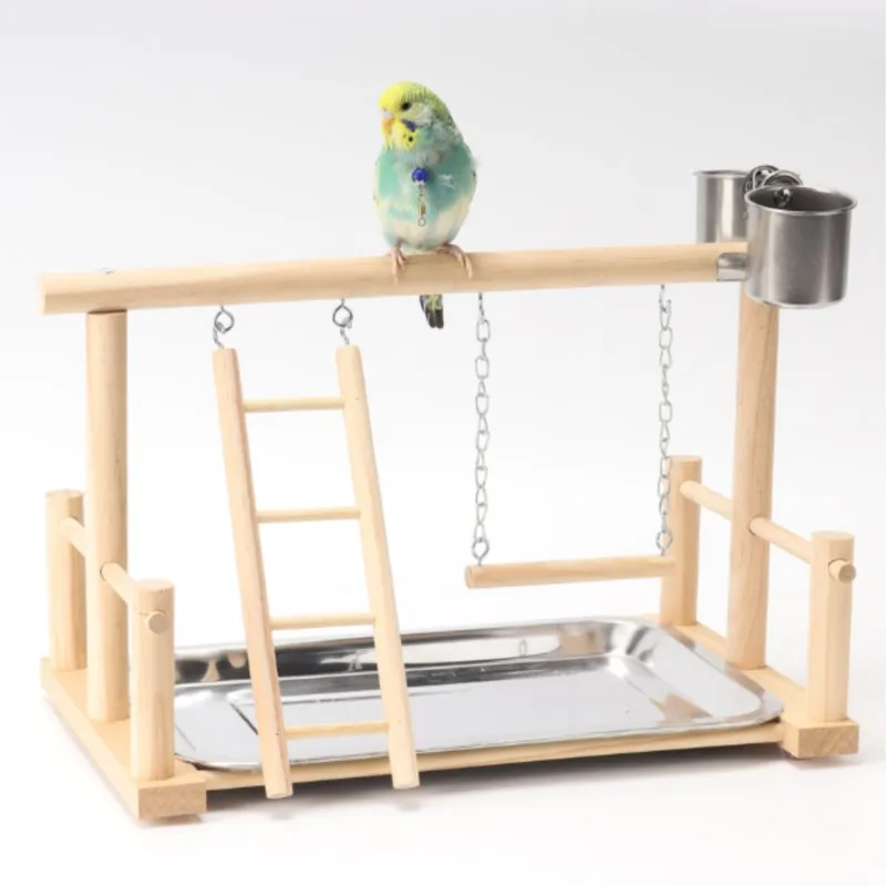 

Parrot Playstand Bird Plays Stand Cockatiel Playground Wooden Perch Gym Playground Ladder with Metal Feeder Plate Toy