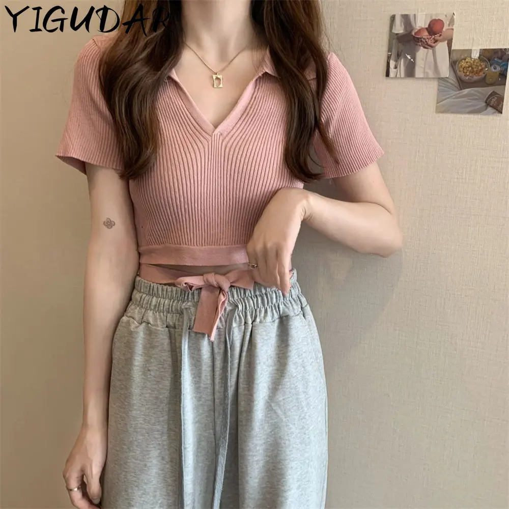 

women shirts Polo Collar Knit Tshirts camisetas Contrast Details Short Sleeve Top T-Shirt Femme Summer Clothes 2023 y2k tees