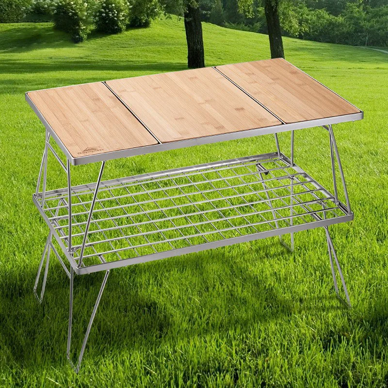 

Outdoor Garden Terrace Double Layer Furniture Barbecue Table Camping Site Shelf Portable Space Saving Folding Picnic Steel Table