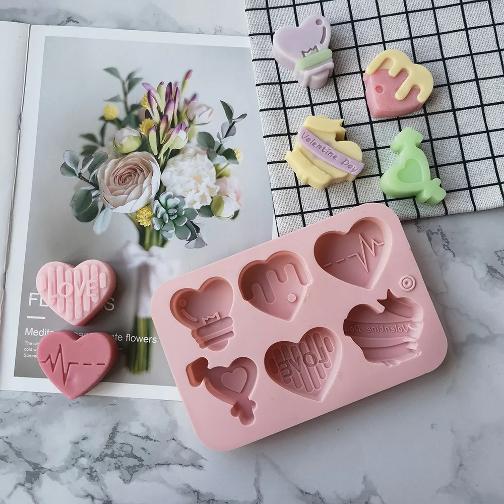 

6 Even 6 Valentine's Day Love Cake Silicone Mold Ice Cream Jelly Pudding Soap Cake Mold Handmade Soap Candle Mould Baking Tools