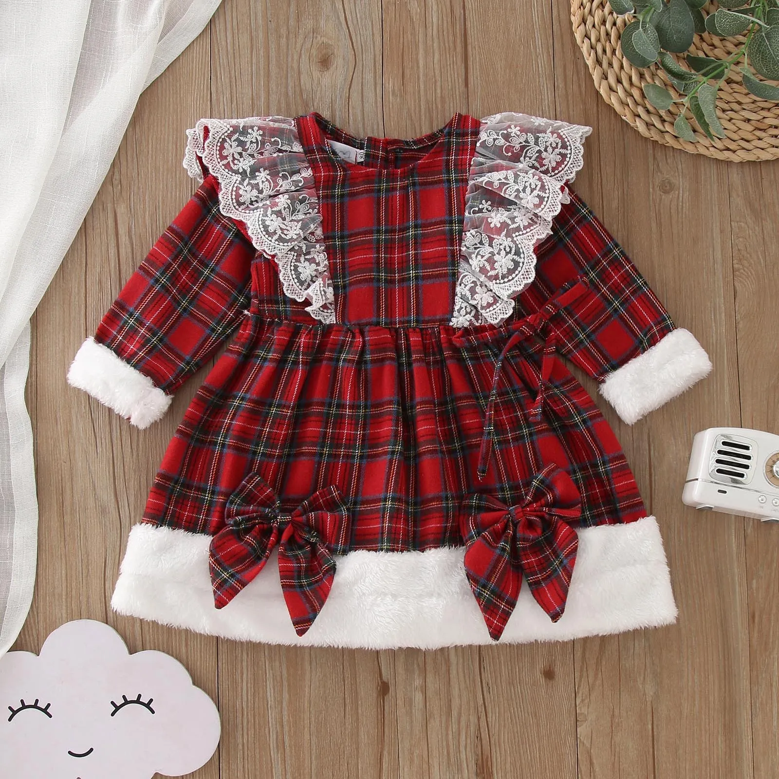

Girls Christmas Dress Toddler Baby Girls Clothes Lace Ruffles Party Dress Red Velvet Plaid Xmas Costumes New Year Costume Winter