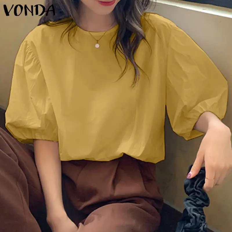 

VONDA 2022 Elegant Femme Clothing Solid Casual Blouse Long Sleeve Pleated Chemise Top Fashion Women Round Neck Blusas Oversized