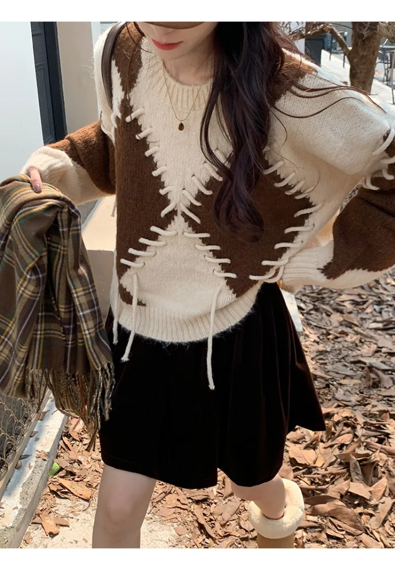 Женский свитер с длинным рукавом GAODINGLAN свободный трикотажный в клетку большие