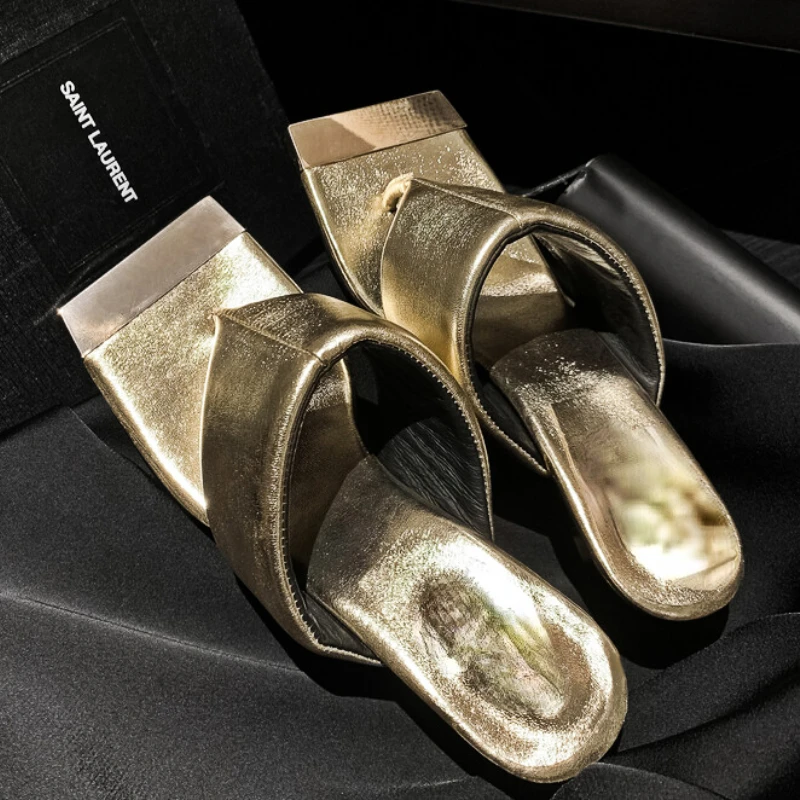 

2023 Summer New Women's Metal Iron Toe Design High Heel Sandals Square Head Slippers Gold Black Flip Flops