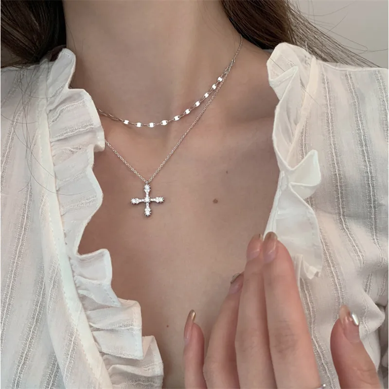 

Romantic Cross Pendants Necklace for Women Gold Silver Color Multilayered Oval Beads Chain Necklace Minimalism Female Jewelry