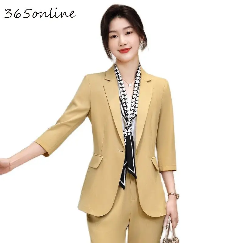 Yellow 2 Piece Set Women Business Suits with Pants and Tops Blaser 2022 Spring Summer Ladies Work Wear Pantsuits Trousers Set