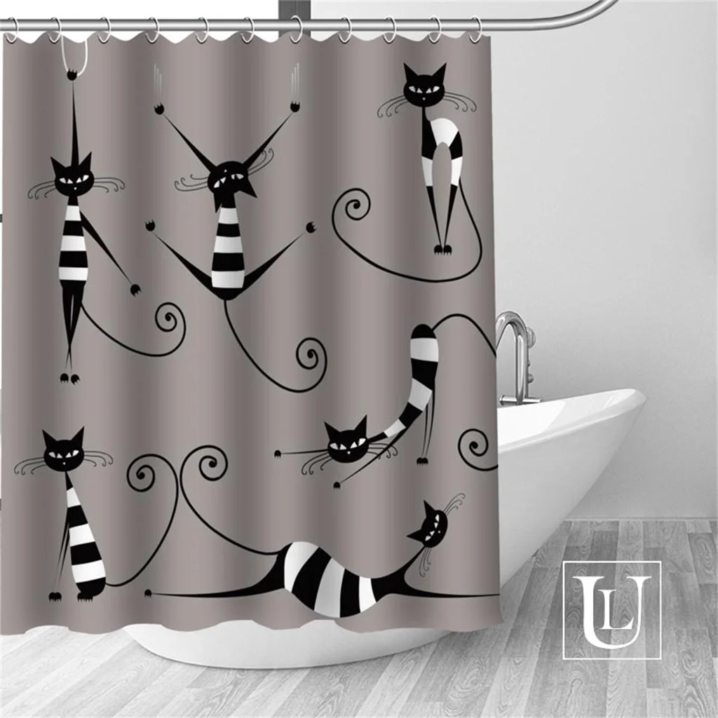 

Abstract Animal Cartoon Cute Cat White Black Waterproof Shower Curtains Transparant Plastic For Bathroom Sets Fabric Hooks Rings