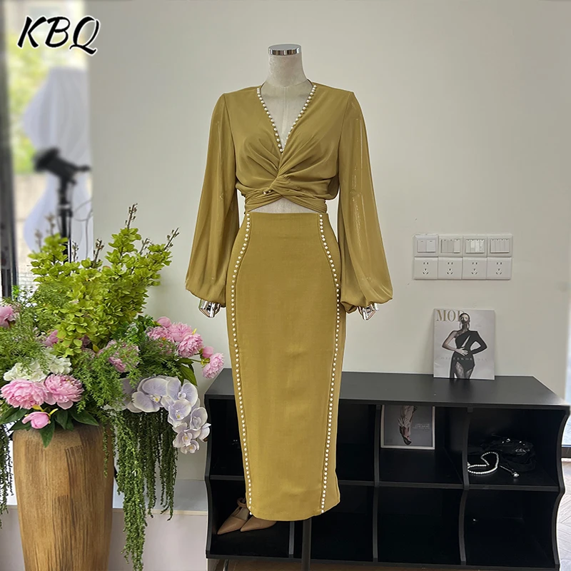 KBQ Spliced Pearl Chic Комплект из двух предметов для женщин с v-образным вырезом и длинным
