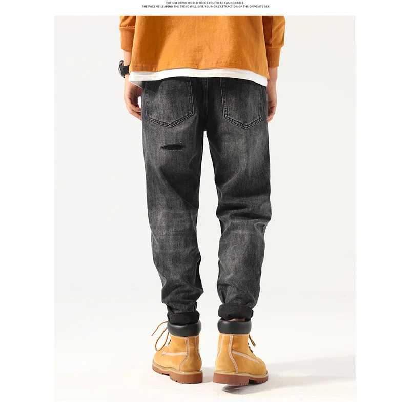 Streetwear Men 2022 New Pattern Hole Patch Black Jeans Vintage Loose Recreational Straight Cylinder Large Trousers Autumn Female