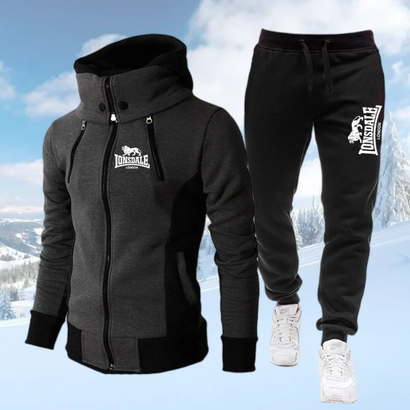 

Men's Fleece Jacket Suit Long Sleeve Zipper Hoodie and Pants Spring Fall Motorcycle Wear Fashion Streetwear Hooded Jacket Set