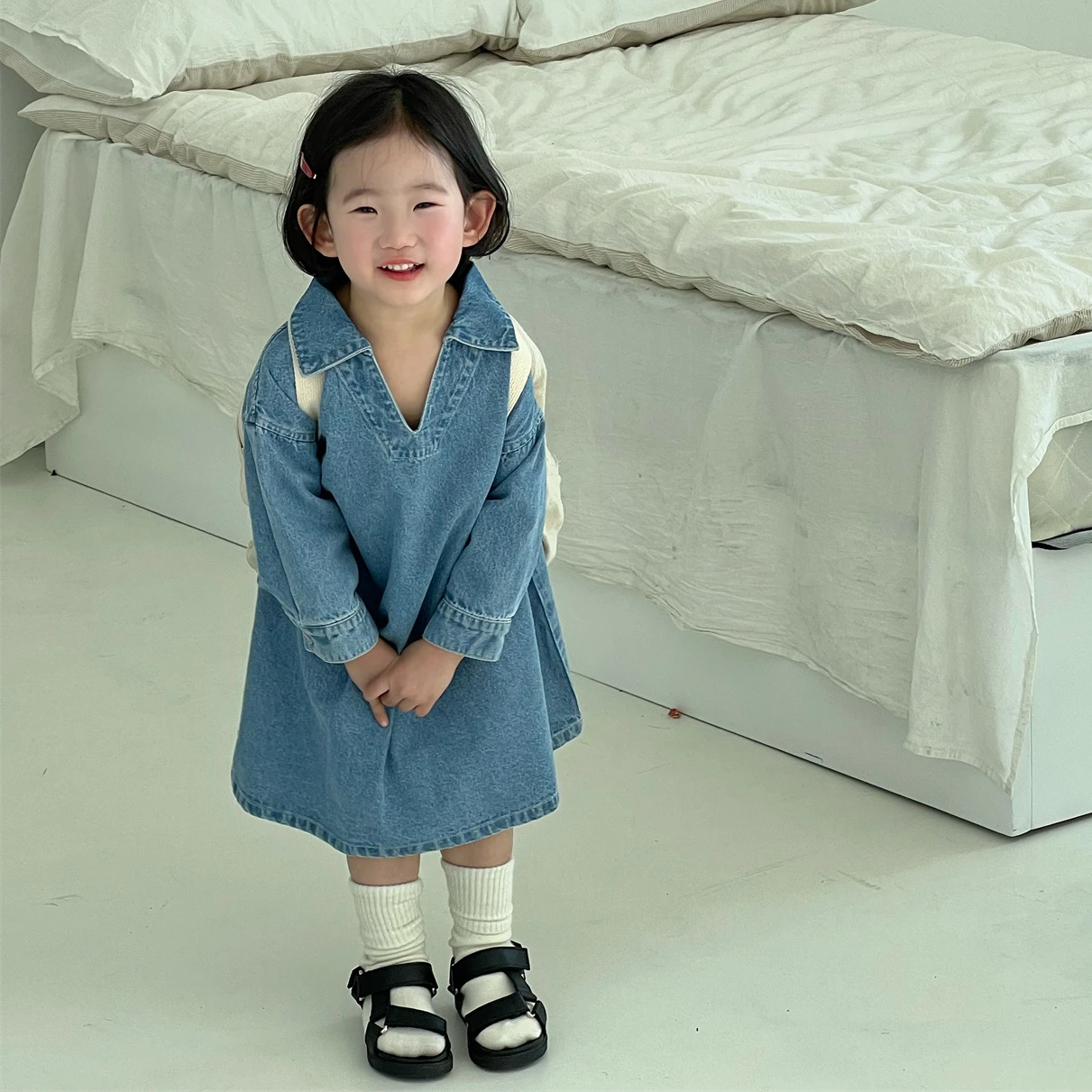 

5056D Korean Girl Dress 2023 Spring Summer New Girls' Denim Dress Lapel V Neck Denim Skirt Leisure Girl's Dress