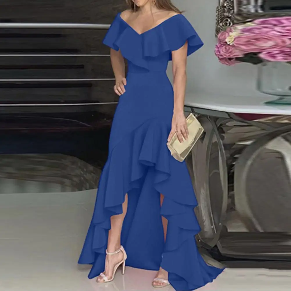 High-Waist Waist Tight Irregular High-Low Hem Party Dress Elegant Off Shoulder Ruffle Collar Dress Floor-Length Evening Dress