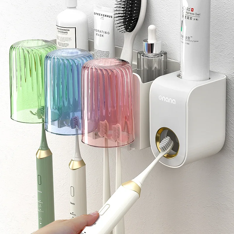 

Wall Mounted Electric Toothbrush Rack Automatic Squeezing Toothpaste Device Bathroom Punch-free Mouthwash Cup Wall Shelf Cup Set