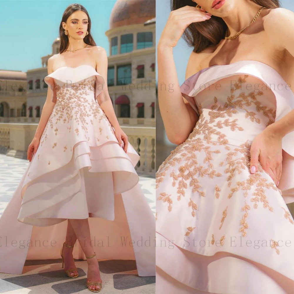 

Vinage Ruched Strapless Prom Dresses for Teens Girls Lace Appliques Wedding Guest Dress High Low Ruffles vestidos de noite
