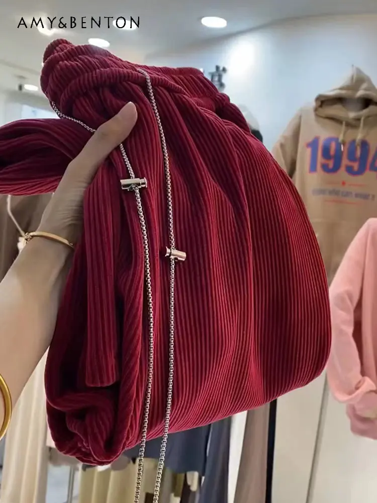 

Красные вельветовые широкие брюки с высокой талией, женские зимние новые весенние праздничные ретро модные стильные брюки, спортивные брюки