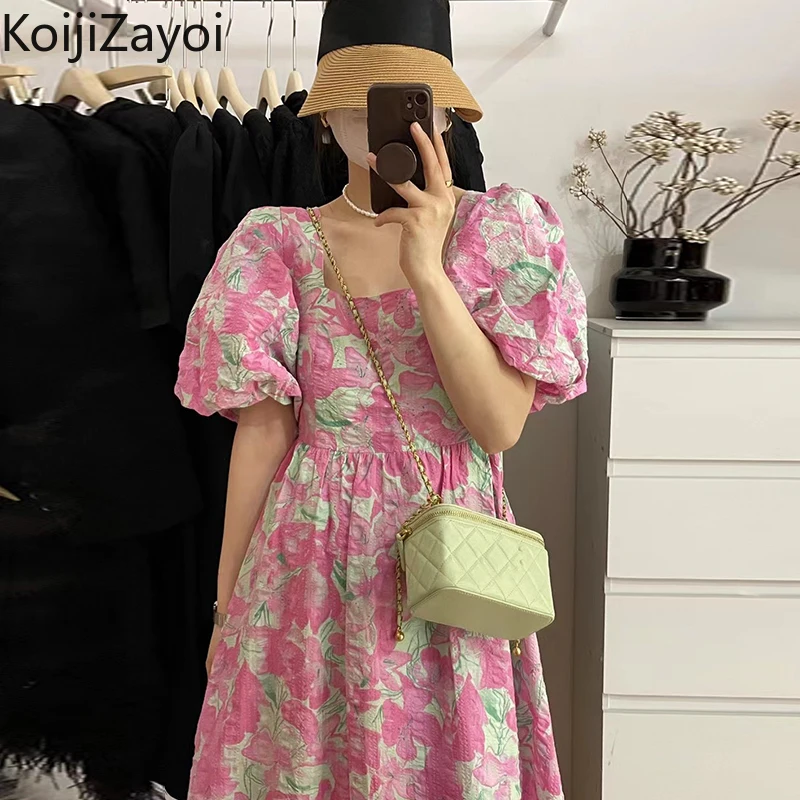 

Koijizayoi Chic Women Flower Maxi Holiday Dress Puff Sleeves High Waist A Line Party Dresses Chic Korean Lady Summer Vestidos