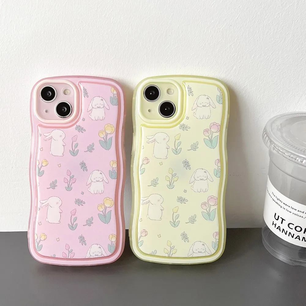 

Cartoon Rabbit and Flower Pattern Wavy Air Cushion Case for iPhone 13ProMax 13 XS X XR XSMAX 11ProMax 11 12Pro 12 Soft Shell