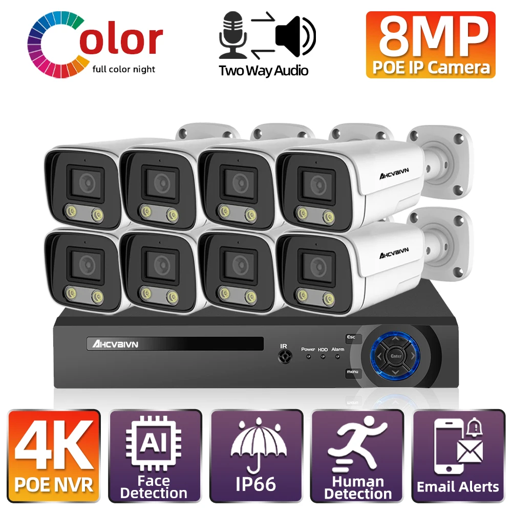 

Two Way Audio CCTV Camera Security System Kit 8ch POE 8MP NVR 4K Outdoor Color Night Vision Video Surveillance IP Camera System
