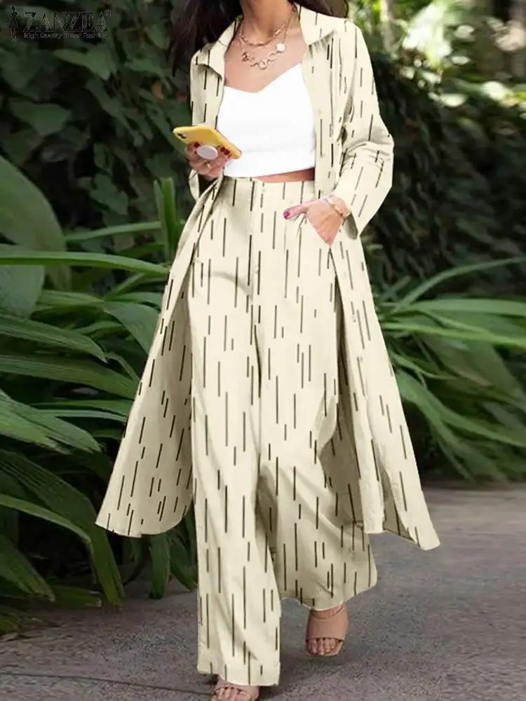 

ZANZEA Spring Urban Tracksuit 2PCS Fashion Women Matching Sets Printed Wide Leg Pants Sets Lapel Neck Long Sleeve Shirt Suits