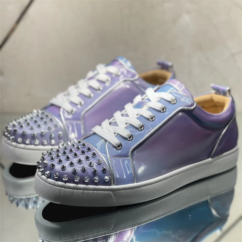 

Luxury Designer Lilac Leather Red Bottoms Rivets Low Top Shoes For Men's Casual Flats Loafers Women's Breathable Spikes Sneakers