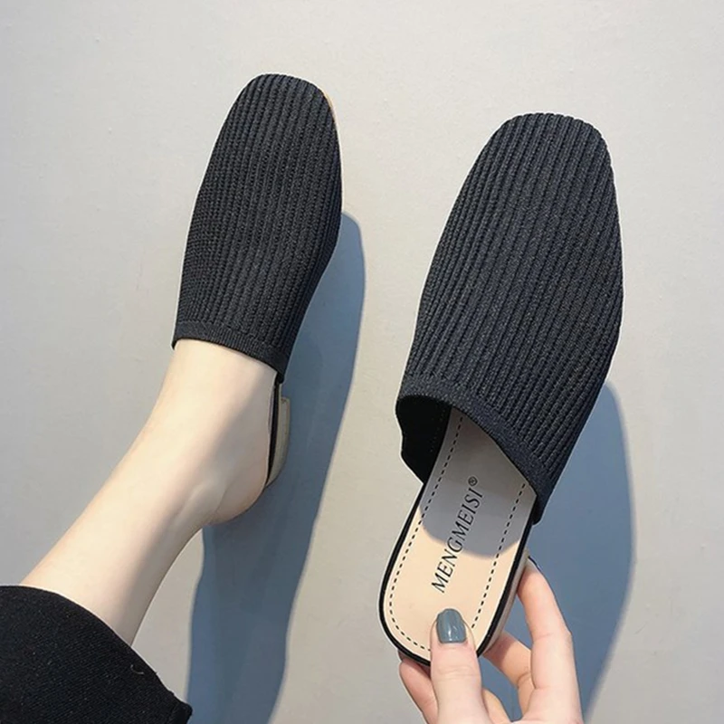 

Fashion Knitting Baotou Women Slides Outdoor Beach Flat Non-slip Woman Slippers Concise Solid Sandals Summer Female Shoes 2022