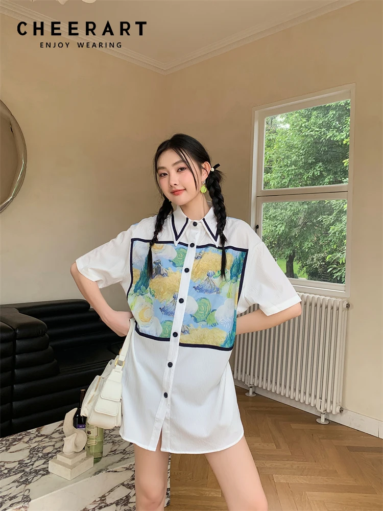 

CHEERART Oil Painting Texture Designer Shirts For Women 2023 Button Up Collar White Shirt Blouse Short Sleeve Fashion Top