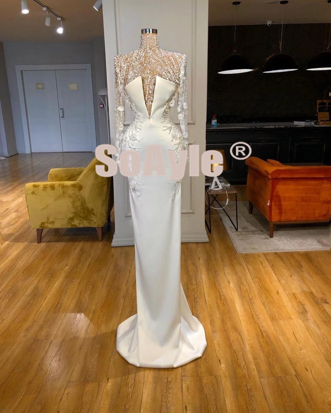 

SoAyle Sexy Women's Dress White Lace High Neck Long Sleeve Decal Shiny Pearl Sequin Chest Art Design Slim Fitting Dress YP2420