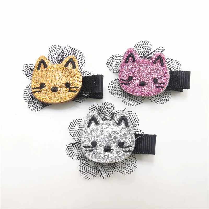 

15pcs/lot Glitter Felt Kitty Hair Clip Embroidery Cat Barrette with Black Flower Mesh Mini Kid Girl Hair Grips Cartoon Pinch